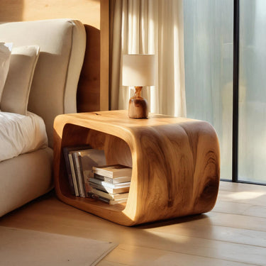 Curved Solid Wood Nightstand For Bedroom
