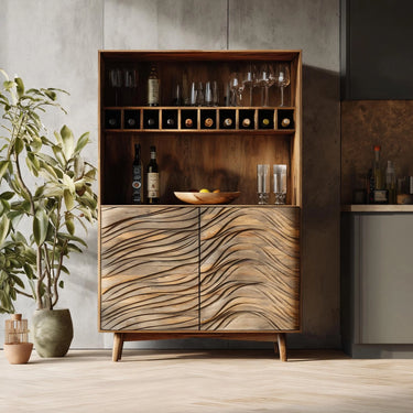 Modern Sculptural Solid Wood Bar Cabinet