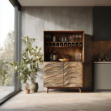 Modern Sculptural Solid Wood Bar Cabinet