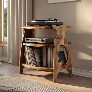 Natural Solid Wood Record Player Table With Storage