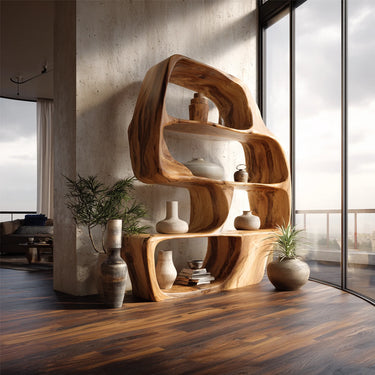 Organic Wave Wooden Shelf For Living Room