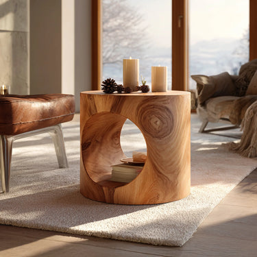 Round Solid Wood Sculptural Side Table For Living Room