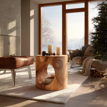 Round Solid Wood Sculptural Side Table For Living Room