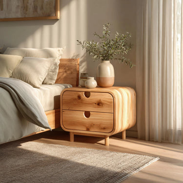 Rounded Solid Wood Nightstand With Drawers For Bedroom