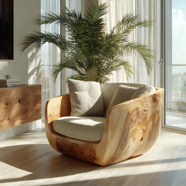 Sculptural Curved Solid Wood Armchair For Living Room