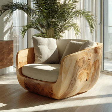 Sculptural Curved Solid Wood Armchair For Living Room