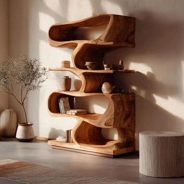 Sculptural Solid Wood Bookshelf For Living Room