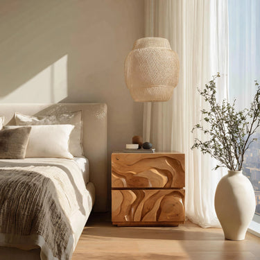 Sculptural Solid Wood Nightstand With Drawers For Bedroom