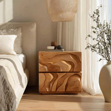 Sculptural Solid Wood Nightstand With Drawers For Bedroom