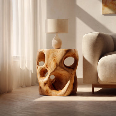 Sculptural Solid Wood Side Table For Living Room