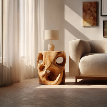 Sculptural Solid Wood Side Table For Living Room