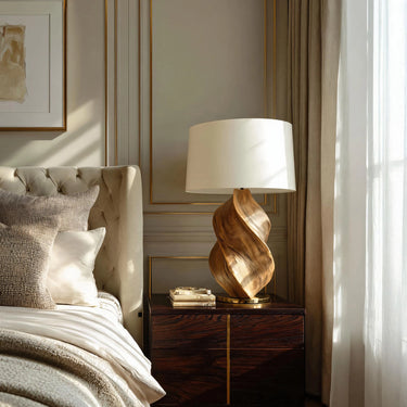 Sculptural Twisted Solid Wood Table Lamp For Bedroom & Living Room