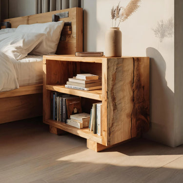 Solid Wood Open Shelf Nightstand For Bedroom